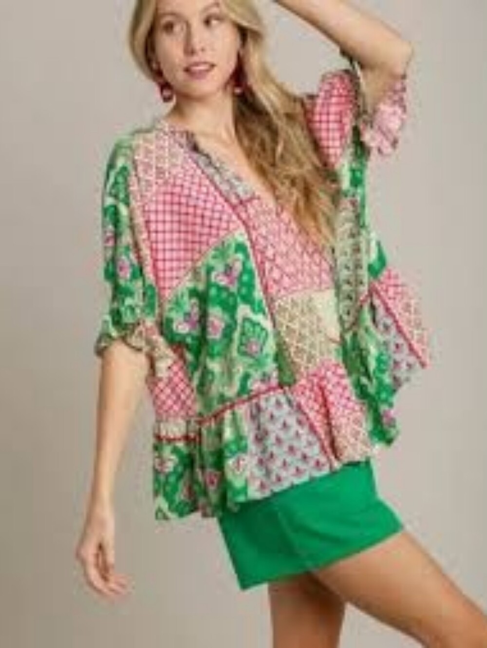 Umgee Green & Pink Oversized Patchwork Top - Size Small